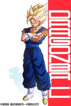 Rule 34 | 1boy, artist collaboration, blonde hair, blue pants, blue sash, blue shirt, boots, copyright name, dougi, dragon ball, dragonball z, earrings, full body, gloves, green eyes, highres, jewelry, mralexy2, muma maximum76, muscular, muscular male, orange shirt, pants, potara earrings, sash, shirt, simple background, solo, spiked hair, super saiyan, super saiyan 1, vegetto, white background, white boots, white gloves