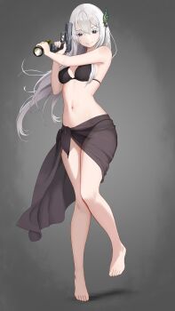 1girl absurdres alternate_costume barefoot bikini black_bikini breasts butterfly_hair_ornament closed_mouth commentary_request echidna_(re:zero) flashlight full_body gibun_(sozoshu) gradient_background grey_background gun h&amp;k_usp hair_ornament handgun highres holding holding_gun holding_weapon legs long_hair looking_at_viewer medium_breasts navel purple_eyes re:zero_kara_hajimeru_isekai_seikatsu smile solo swimsuit tachi-e toes weapon white_hair