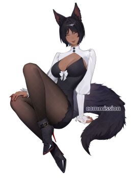 1girl animal_ears black_dress black_hair breasts brown_pantyhose cleavage closed_mouth commission cropped_jacket dark-skinned_female dark_skin dress fox_ears fox_girl fox_tail high_heels highres jacket large_breasts lavelis lips long_sleeves original pantyhose short_hair simple_background sitting smile solo tail white_background white_jacket yellow_eyes