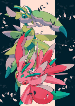 45_(maruyaki45) absurdres alternate_color antennae commentary_request gen_7_pokemon green_eyes highres leaf looking_at_viewer lurantis nintendo official_alternate_color pokemon pokemon_(creature) red_eyes shiny_and_normal shiny_pokemon