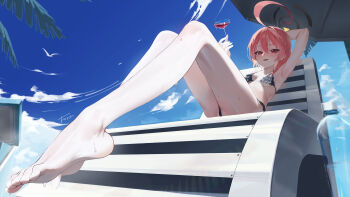 1girl absurdres ahoge alternate_costume arm_behind_head arm_up armpits bare_legs bare_shoulders beach_umbrella bikini bird black_bikini blue_archive blue_sky blush bottle braid breasts chair cloud commentary cup day drinking_glass english_commentary feet foot_focus hair_between_eyes halo highres holding holding_cup huge_ahoge incredibly_absurdres korean_commentary looking_at_viewer mixed-language_commentary mole mole_under_each_eye mole_under_eye multiple_moles neru_(blue_archive) not_forever2w on_chair outdoors paid_reward_available palm_leaf plastic_bottle red_eyes red_hair short_hair signature single_braid sitting sky small_breasts smile solo sweat swimsuit toes umbrella water_bottle