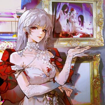 1girl bare_shoulders breast_tattoo breasts cape collar collarbone commentary coquelic_(path_to_nowhere) coquelic_(scarlet_whispers)_(path_to_nowhere) detached_collar detached_sleeves dress earrings elbow_sleeve flower flower_earrings frilled_collar frills game_screenshot_inset heart heart_tattoo highres jewelry long_hair medium_breasts official_alternate_costume painting_(object) path_to_nowhere petal_earrings picture_frame presenting red_cape red_eyes red_flower red_lips sia_di_gou smile solo symbol-only_commentary tattoo upper_body white_dress white_hair white_sleeves