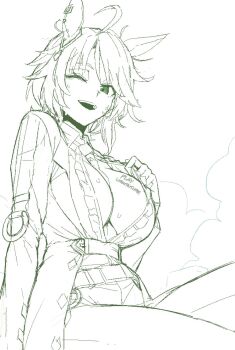 1girl ahoge breasts formicid fuji_kiseki_(shooting_star_revue)_(umamusume) fuji_kiseki_(umamusume) green_eyes highres large_breasts looking_at_viewer one_eye_closed open_mouth pants partially_colored short_hair sitting solo sweat umamusume unfinished white_background