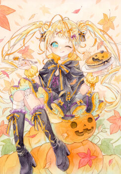 1girl absurdres amu_(m_aa) antenna_hair aqua_eyes artist_name bandaged_leg bandages bandaid bandaid_on_knee bandaid_on_leg black_boots black_bow black_dress blonde_hair blunt_bangs boots bow breasts cleavage dated dot_nose double_bun dress food footwear_bow fork frilled_dress frills full_body green_leaf hair_bow hair_bun hair_ornament hairclip halloween highres holding holding_fork holding_plate jack-o&#039;-lantern layered_dress leaf maple_leaf nail_polish one_eye_closed orange_leaf orange_nails orange_theme original painting_(medium) pie plate puffy_wrist_cuffs pumpkin pumpkin_pie purple_bow sidelocks signature sitting solo tongue tongue_out traditional_media twintails watercolor_(medium) wrist_cuffs