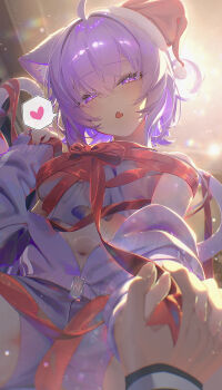 1girl 1other absurdres ahoge animal_ears camisole cat_ears cat_girl cat_tail commentary_request crossed_bangs double-parted_bangs fang fur-trimmed_headwear fur_trim grey_camisole hair_between_eyes hand_up hat heart heart_in_eye highres holding_hands hololive indoors jacket looking_at_viewer navel nekomata_okayu nekomata_okayu_(membership) off_shoulder official_alternate_costume official_alternate_hairstyle open_mouth partially_unzipped pom_pom_(clothes) pov pov_hands purple_eyes purple_hair purple_jacket purple_shorts red_hat red_ribbon ribbon santa_hat short_hair short_shorts shorts skin_fang solo_focus spoken_heart symbol_in_eye tail two_side_up virtual_youtuber yusha_(lv1_yusha_522)