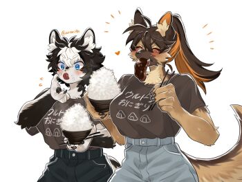 2girls aya_(arioriak) black_fur black_hair blue_eyes body_fur borrowed_character bowl brown_fur brown_hair brown_shirt chopsticks claws colored_inner_hair commentary_request cowboy_shot dog_girl food food_on_face furry furry_female german_shepherd highres holding holding_bowl holding_chopsticks husky licking_lips long_hair meat mouth_hold multicolored_hair multiple_girls oji_(norahasu) orange_hair original ponytail rice shirt short_hair simple_background tail tongue tongue_out white_background white_fur white_hair