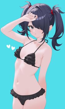 1girl alternate_costume ame-chan_(needy_girl_overdose) aqua_background bikini black_bikini black_eyes black_hair breasts cowboy_shot frilled_bikini frills front-tie_bikini_top front-tie_top hair_over_one_eye hairband hand_on_own_head heart highres inami_(x_spidekawaii_x) medium_hair navel needy_girl_overdose parted_lips red_hairband sidelocks simple_background small_breasts solo stomach string_bikini swimsuit twintails upper_body