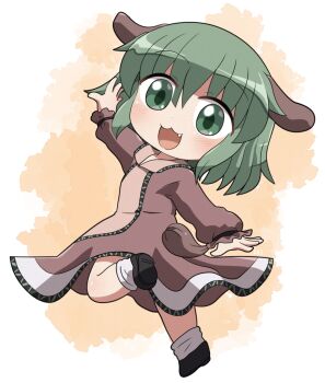 1girl :3 :d animal_ears arm_up black_shoes blush brown_dress commentary_request dog_ears dog_girl dog_tail dress fang full_body green_eyes green_hair hair_between_eyes highres kasodani_kyouko long_sleeves looking_at_viewer open_mouth outstretched_arms rokugou_daisuke shoes short_hair smile socks solo standing standing_on_one_leg tail touhou white_socks