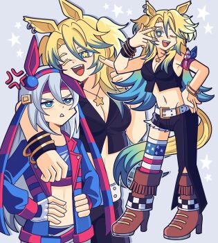 2girls absurdres american_flag american_flag_legwear american_flag_print anger_vein animal_ears asymmetrical_pants bandana_around_arm belt black_pants black_shirt blonde_hair blue_eyes blue_hair blue_hairband blue_jacket blue_sports_bra bobamiruku boots bracelet breasts brown_boots cleavage crop_top cropped_shirt deformed ear_covers ear_ornament fang fingerless_gloves flag_print gloves grey_hair hair_between_eyes hairband headband height_difference high_heel_boots high_heels highres horse_ears horse_girl horse_tail jacket jewelry large_breasts lightning_bolt_print lightning_bolt_symbol long_hair long_sleeves looking_at_viewer midriff multicolored_hair multiple_girls navel necklace obey_your_master_(umamusume) one_eye_closed open_mouth pants red_belt red_headband shirt single_thighhigh sleeveless sleeveless_shirt smile sports_bra star-shaped_pupils star_(symbol) star_necklace striped_clothes striped_hairband symbol-shaped_pupils tail tamamo_cross_(umamusume) tamamo_cross_(with_lightning_speed)_(umamusume) teeth thighhighs two-tone_hair umamusume umamusume:_cinderella_gray upper_teeth_only very_long_hair w white_belt white_pants yellow_nails