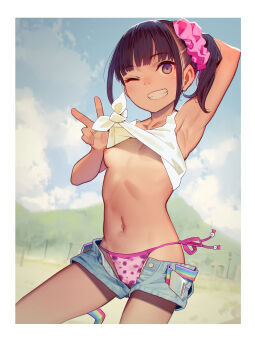 1girl ;d absurdres areola_slip arm_behind_head arm_up armpits bikini bikini_bottom_only bikini_tan black_hair border breasts breasts_apart brown_eyes clothes_lift cloud commentary_request cowboy_shot day denim denim_shorts facing_viewer grin hair_ornament hair_scrunchie highres lifting_own_clothes loli looking_at_viewer mountain muk_(monsieur) multicolored_belt navel nipples one_eye_closed open_clothes open_fly open_mouth open_shorts outdoors paid_reward_available pink_scrunchie polka_dot power_lines scrunchie self_exposure shirt_lift short_shorts shorts side-tie_bikini_bottom side_ponytail sidelocks sky sleeveless small_areolae small_breasts small_nipples smile solo standing swimsuit tan tanline teeth textless_version tiny_evil utility_pole v white_border wink wrist_scrunchie yurika_(tiny_evil)