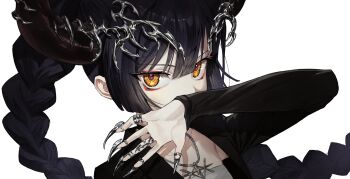 1girl absurdres black_hair claws expressionless highres horns p_(pm_611a) simple_background tagme white_background