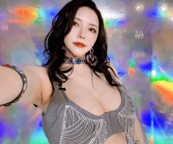 Rule 34 | 1girl, 2020s, asian, black hair, bracelet, breasts, brown eyes, choker, earrings, female focus, heart, heart earrings, huge breasts, japanese (nationality), jewelry, looking at viewer, makeup, okita anri, photo (medium), real life, standing