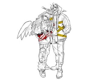 Rule 34 | 1boy, 1girl, collared shirt, commentary, dalchi09, feathered wings, full body, halo, hand in pocket, hands in pockets, head tilt, hood, hood up, hoodie, jacket, korean text, long hair, looking at viewer, omniscient reader's viewpoint, over shoulder, partially colored, shirt, shoes, sneakers, standing, striped clothes, striped jacket, sun wukong (omniscient reader's viewpoint), symbol-only commentary, translation request, uriel (omniscient reader's viewpoint), very long hair, wavy hair, weapon, weapon over shoulder, white wings, wings