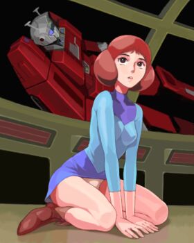 1980s_(style) 1girl densetsu_kyojin_ideon double_bun hair_bun ideon lin_formosa lowres mecha oldschool panties pantyshot retro_artstyle robot tagme underwear