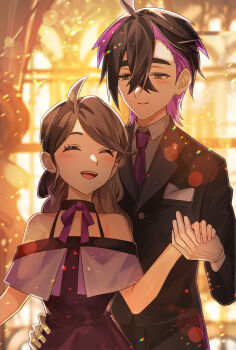 00kashian00 1boy 1girl ahoge bare_shoulders black_choker black_dress black_hair black_jacket black_suit blurry blush bokeh brown_hair choker closed_eyes commentary_request dancing depth_of_field dress formal_clothes gloves hair_between_eyes hand_grab height_difference highres jacket juliana_(pokemon) kieran_(pokemon) light_particles multicolored_hair necktie nintendo open_mouth pokemon pokemon_sv purple_hair purple_necktie smile suit thick_eyebrows two-tone_hair white_gloves yellow_eyes