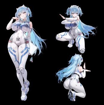 1girl alternate_costume ass bare_shoulders blue_eyes blue_hair bodysuit breasts detached_sleeves from_behind goddess_of_victory:_nikke headset kneeling large_breasts long_hair looking_at_viewer mekami_shifty_(nikke) shifty_(nikke) sideboob smile solo two_side_up very_long_hair
