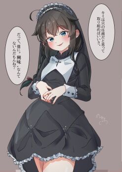 1girl ahoge alternate_costume black_hair blue_eyes braid commentary_request commission feet_out_of_frame gothic_lolita grey_background hair_flaps hair_over_shoulder hairband highres kantai_collection lolita_fashion lolita_hairband long_hair looking_at_viewer no_chi_(aka_hara) nun shigure_(kancolle) shigure_kai_san_(kancolle) simple_background single_braid skeb_commission solo translation_request veil