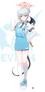1girl ahoge alternate_costume apron black_necktie blue_apron blue_archive braid chicken_(food) demon_girl demon_tail demon_wings english_text food food_on_face fried_chicken full_body grey_hair hair_bun halo hand_on_own_hip haruna_(blue_archive) highres holding holding_skewer id_card kasasasagi kneehighs long_hair looking_at_viewer necktie official_alternate_hairstyle part_time_job red_eyes shirt shoes short_sleeves sidelocks simple_background single_braid single_hair_bun single_wing skewer smile sneakers socks solo standing store_clerk tail walking white_hair white_shirt white_shoes white_socks wings zoom_layer