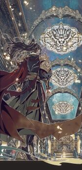 1boy arch armor belt black_boots black_coat black_hair black_hanfu boots brown_hair cape chandelier chinese_clothes coat colored_smoke epaulettes facing_away floating_hair from_behind full_body grey_pants grey_sash hanfu highres indoors letterboxed long_coat long_hair long_sleeves male_focus official_art pants pauldrons pei_ming people red_cape shoulder_armor smoke solo_focus standing starember tianguan_cifu walking wind xiao_guan_(headdress)