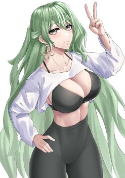 1girl absurdres black_bra black_pants bra breasts cleavage clothes_lift collarbone commentary_request earrings green_hair highres honkai_(series) honkai_impact_3rd jewelry korean_commentary large_breasts long_hair looking_at_viewer midriff mobius_(honkai_impact) pants pyeong_il shirt shirt_lift simple_background solo tight_clothes tight_pants underwear v very_long_hair white_background white_shirt yoga_pants