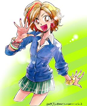 Rule 34 | 1girl, 2019, blue cardigan, bracelet, brown eyes, brown hair, cardigan, collared shirt, dated, earrings, fake nails, gals!, green skirt, gyaru, jewelry, kogal, kotobuki ran, long sleeves, multicolored hair, open mouth, red hair, red streaks, ring, scrunchie, shirt, short hair, shunkashuntou, skirt, smile, streaked hair, twitter username, white shirt, wrist scrunchie