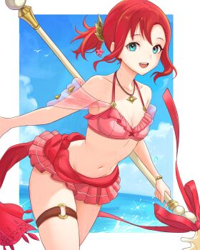 Rule 34 | 1girl, absurdres, blue eyes, breasts, commentary, commission, english commentary, fire emblem, fire emblem: shadow dragon, fire emblem heroes, highres, holding, holding polearm, holding weapon, looking at viewer, navel, nintendo, norne (fire emblem), norne (summer) (fire emblem), polearm, red hair, second-party source, small breasts, swimsuit, thigh strap, truejekart, weapon