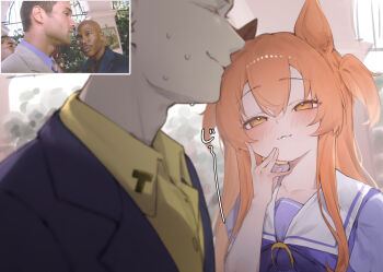 1boy 1girl :3 animal_ears blue_suit blush bow bowtie brown_ribbon but_you_can't_prove_it_(meme) closed_eyes collared_shirt commentary dexter_(tv_series) ear_bow ear_ornament english_commentary formal_clothes hand_to_own_mouth horse_ears horse_girl horseshoe_ornament long_hair long_sleeves mayano_top_gun_(umamusume) meme orange_eyes orange_hair photo-referenced puffy_short_sleeves puffy_sleeves purple_bow purple_bowtie purple_shirt ribbon sailor_collar sailor_shirt school_uniform shirt short_sleeves smile suit sweat tracen_school_uniform trainer_(umamusume) two_side_up umamusume upper_body wavy_mouth white_sailor_collar xaea_xp yellow_shirt