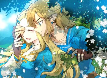 1boy 1girl animal artist_name bad_tag blonde_hair blue_eyes blue_shirt blue_tunic braid breasts brown_gloves closed_eyes closed_mouth couple crown_braid earrings fingerless_gloves gloves gold_trim hair_between_eyes hair_ornament hair_tie hairclip hand_over_another&#039;s_eye helmet hetero highres holding holding_animal holding_frog jewelry juliet_sleeves link long_hair long_sleeves looking_at_another medium_breasts medium_hair nintendo open_mouth outdoors parted_bangs pointy_ears ponytail princess_zelda puffy_sleeves shirt short_ponytail sidelocks smile the_legend_of_zelda the_legend_of_zelda:_breath_of_the_wild tunic upper_body yamiochirink