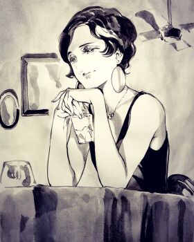 1girl ahn_dongshik candle ceiling_fan chair cup dress drinking_glass earrings eyeshadow fingernails fire floating_earrings gina_(kurenai_no_buta) glass highres holding holding_cup hotel ice ice_cube jewelry kurenai_no_buta lipstick looking_to_the_side makeup necklace on_chair portrait_(object) short_hair sitting smile solo table tablecloth tumbler_glass upper_body