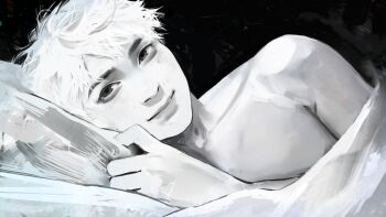 1boy aegyo_sal angela_he black_background facing_viewer game_cg greyscale head_on_pillow highres i_woke_up_next_to_you_again large_variant_set looking_at_viewer looking_up lying male_focus monochrome non-web_source official_art on_side painterly parted_lips pillow short_hair simple_background smile toned toned_male under_covers upper_body variant_set white_hair