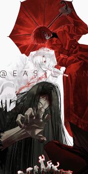 Rule 34 | 1girl, 2boys, adashino adami, black hair, black kimono, blood, blood on clothes, blood on face, chinese commentary, coat, commentary request, crowbar, east-lan, from below, highres, holding, holding crowbar, holding umbrella, homicipher, hood, hood up, japanese clothes, kimono, long hair, looking at viewer, mr. crawling, mr. scarletella, multiple boys, raincoat, red coat, red eyes, red hair, red pupils, red umbrella, short hair, simple background, umbrella, very long hair, white background, white hair, white raincoat