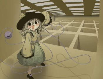 1girl backrooms_(creepypasta) black_hat ceiling commentary_request eyeball frilled_shirt_collar frills green_hair green_skirt hat hat_ribbon komeiji_koishi ribbon shirt skirt smile third_eye touhou yellow_shirt