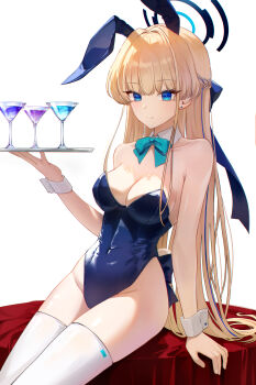 1girl absurdres bare_shoulders blonde_hair blue_archive blue_bow blue_bowtie blue_eyes blue_leotard blush bow bowtie breasts chiya_(inae129) cleavage collarbone covered_navel detached_collar halo highres holding holding_tray leotard long_hair looking_at_viewer medium_breasts playboy_bunny sitting sitting_on_table skin_tight skindentation smile solo thighhighs toki_(blue_archive) toki_(bunny)_(blue_archive) tray very_long_hair white_background white_thighhighs wrist_cuffs