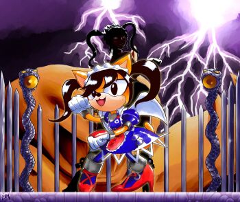 2girls :3 animal_ears arena arm_up armor armored_dress artist_logo black_eyes black_hair blackwind677 cat cat_ears cat_tail cosplay cuffs dress fighting_vipers fighting_vipers_2 gloves hairband highres honey_(fighting_vipers) honey_(fighting_vipers)_(cosplay) honey_the_cat logo looking_back multiple_girls obscured_face open_mouth red_eyes sega snake_head sonic_(series) tail thunder twintails