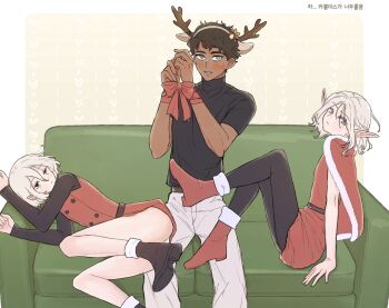 3boys antlers bags_under_eyes black_eyes black_hair black_pantyhose blue_eyes blush boots bound bound_wrists braid cape couch crossdressing crossdressing_(mtf) curly_hair dark-skinned_male dark_skin dress dungeon_meshi elf fur-trimmed_cape fur_trim grey_eyes grey_hair half_up_braid highres horns kabru lazy_eye long_sleeves lying male_focus mchi125 medium_hair mithrun mithrun_(young) multiple_boys notched_ear on_couch on_side panties pants pantyhose pantyshot pointy_ears red_dress reindeer_antlers santa_costume shirt short_hair short_sleeves sitting smile sweatdrop underwear uneven_eyes wavy_hair