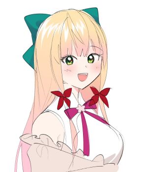 1girl aqua_bow blonde_hair blush bow bowtie breasts commentary_request fang gradient_hair green_eyes hair_bow hololive large_breasts long_hair looking_at_viewer momosuzu_nene momosuzu_nene_(new_year) multicolored_hair off_shoulder official_alternate_costume official_alternate_hairstyle open_mouth pink_hair purple_bow purple_bowtie ribbon shirt simple_background sleeveless sleeveless_shirt smile solo teeth upper_body upper_teeth_only uuoftn virtual_youtuber white_background white_shirt