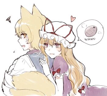 2girls animal_ears blonde_hair blue_tabard blush commentary_request dress elbow_gloves fang fox_ears fox_girl fox_tail gloves hair_between_eyes hair_ribbon hand_on_another's_back hat heart highres kitsune koto_(shiberia39) kyuubi leaning_on_person long_hair long_sleeves medium_hair mob_cap multiple_girls multiple_tails no_headwear parted_lips purple_dress purple_eyes ribbon short_sleeves speech_bubble tabard tail touhou twitter_username upper_body white_background white_dress white_gloves yakumo_ran yakumo_yukari yellow_eyes