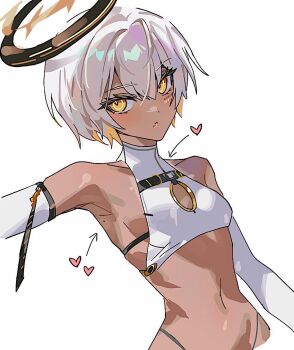 Rule 34 | 1girl, black halo, dark-skinned female, dark skin, eternity (nikke), goddess of victory: nikke, grey hair, halo, heart, mechanical halo, mimlmi, mole, mole on armpit, navel, short hair, simple background, solo, white background, yellow eyes