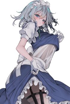 1girl blue_skirt commentary_request from_below from_side garter_straps grey_hair highres izayoi_sakuya kararage_tsune leg_lift looking_at_viewer maid shirt skirt solo thighhighs thighs touhou white_background white_shirt white_thighhighs zettai_ryouiki