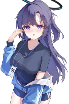 1girl adjusting_hair arm_up blue_archive blue_buruma blue_jacket blue_shirt blush breasts buruma commentary_request cowboy_shot gym_uniform halo highres id_card jacket jacket_partially_removed lanyard large_breasts long_hair long_sleeves looking_at_viewer official_alternate_costume open_mouth partially_unzipped ponytail purple_eyes purple_hair shirt short_ponytail simple_background solo standing star_(symbol) star_sticker sticker sticker_on_face sweatdrop track_jacket triangle_mouth white_background yuuca yuuka_(blue_archive) yuuka_(track)_(blue_archive)