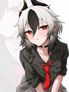 1girl alternate_costume alternate_hairstyle black_choker black_shirt blue_archive blush breast_pocket choker clothes_around_waist collarbone collared_shirt commentary_request demon_girl demon_horns gradient_hair grey_hair grey_jacket hair_between_eyes highres horns jacket jacket_around_waist kayoko_(blue_archive) long_hair long_sleeves looking_at_viewer manli mole mole_on_collarbone multicolored_hair necktie parted_lips pocket red_eyes red_necktie school_uniform shirt sidelocks simple_background sitting sleeves_rolled_up solo two-tone_hair upper_body v_arms wolf_cut zoom_layer