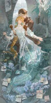 Rule 34 | 1other, 2girls, absurdres, arch, belt boots, black pantyhose, black scarf, blonde hair, boots, braid, braided ponytail, branch, briefcase, brown boots, brown coat, brown gloves, brown hat, character request, check character, chinese commentary, closed eyes, coat, commentary request, detective, dress, earrings, eyes visible through hair, fingerless gloves, fins, flat cap, gloves, green hair, grey pants, hair between eyes, hair over one eye, hat, head fins, highres, hissabeth, holding, holding briefcase, jewelry, lapel pin, lapels, lily pad, long braid, long hair, long sleeves, luori dianxin, mermaid, mole, mole under eye, mole under mouth, monster girl, multiple girls, necklace, outdoors, pants, pantyhose, parted lips, plaid hat, plant, ponytail, poster (object), purple eyes, reverse:1999, scales, scarf, shirt, skeleton, snake, stud earrings, trench coat, very long hair, vila (reverse:1999), water, wavy hair, white dress, white hair, white shirt, windsong (reverse:1999)