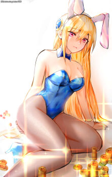 1girl absurdres alternate_costume animal_ear_hairband animal_ears bare_shoulders blonde_hair blue_bow blue_bowtie blue_leotard blue_shoes blush bow bowtie breasts brown_pantyhose bunny_day cleavage coin commentary_request detached_collar fake_animal_ears foot_out_of_frame hair_between_eyes hairband hand_on_own_ass heaven_burns_red high_heels highleg highleg_leotard highres large_breasts leotard long_hair looking_at_viewer oyama_sou pantyhose playboy_bunny rabbit_ear_hairband rabbit_ears red_eyes shirakawa_yuina shoes sidelocks simple_background sitting solo sparkle straight_hair strapless strapless_leotard very_long_hair white_background white_wrist_cuffs wrist_cuffs yokozuwari