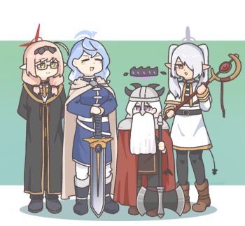 Rule 34 | 4girls, :d, ako (blue archive), alternate costume, axe, battle axe, belt, black belt, black boots, black coat, black halo, black pants, black pantyhose, black shoes, blue archive, blue dress, blue halo, boots, brown footwear, cape, capelet, chinatsu (blue archive), coat, cosplay, dark-skinned female, dark skin, demon girl, demon horns, demon tail, demon wings, dress, earrings, eisen (sousou no frieren), eisen (sousou no frieren) (cosplay), enobun3gyo, fake beard, fake facial hair, frieren, frieren (cosplay), full body, glasses, grey hair, grey halo, hair between eyes, hair over one eye, halo, halo behind head, height difference, heiter, heiter (cosplay), helmet, himmel (sousou no frieren), himmel (sousou no frieren) (cosplay), hina (blue archive), holding, holding axe, holding staff, holding sword, holding weapon, hood, hooded coat, horns, iori (blue archive), jewelry, knee boots, long hair, long sleeves, looking at another, mage staff, multicolored halo, multiple girls, open mouth, pants, pantyhose, parted bangs, pink hair, pointy ears, prefect team (blue archive), purple eyes, red cape, red eyes, red halo, semi-rimless eyewear, shoes, sidelocks, simple background, smile, sousou no frieren, staff, standing, sword, tail, two-tone background, two-tone halo, weapon, white cape, white capelet, white dress, white hair, white pants, wings, yellow eyes