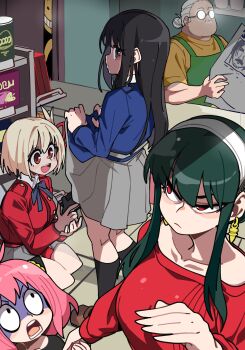 1boy 4girls :d absurdres ansatsu_kyoushitsu anya_(spy_x_family) assassin black_hair blonde_hair bongftah breasts child clothes_lift collarbone commentary_request crossover earrings glasses green_hair grey_skirt gun hairband handgun highres holding holding_gun holding_newspaper holding_weapon inoue_takina jewelry koro-sensei large_breasts lifting_own_clothes long_hair long_sleeves lycoris_recoil lycoris_uniform multiple_girls newspaper nishikigi_chisato old old_man opaque_glasses open_mouth pink_hair red_eyes red_sweater round_eyewear sakamoto_days sakamoto_taro scared short_hair skirt skirt_lift smile spy_x_family sweater trait_connection weapon white_hair white_hairband yor_briar