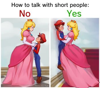 1boy 1girl against_wall age_difference aged_down blonde_hair brooch brown_hair crown dress english_text eye_contact gloves how_to_talk_to_short_people_(meme) jewelry lauren_phillips_lifting_alice_merchesi_(meme) lifting_person looking_at_another mario mario_(series) marmalade_mum meme mini_crown nintendo onee-shota overalls overalls_pull pink_dress princess_peach shota smile tiptoes white_gloves you_gonna_get_raped