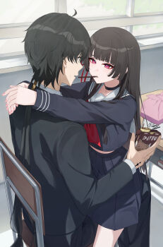 1boy 1girl auui black_choker black_hair black_jacket black_pants black_serafuku black_shirt black_skirt blunt_bangs box chisa_(wuthering_waves) choker classroom commentary_request desk eye_contact fingernails food food_in_mouth highres holding holding_box indoors jacket long_hair looking_at_another male_rover_(wuthering_waves) mole mole_under_eye nail_polish neckerchief open_mouth pants pink_nails pocky pocky_in_mouth red_eyes red_neckerchief red_ribbon ribbon rover_(wuthering_waves) sailor_collar school_desk school_uniform serafuku shirt sitting sitting_on_lap sitting_on_person skirt tacet_mark_(wuthering_waves) white_sailor_collar wuthering_waves