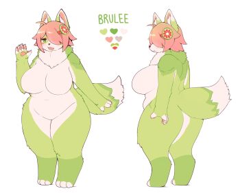 1girl ahoge animal_ears animal_feet animal_hands breasts brulee_(lemon-creme_studios) character_name completely_nude digitigrade dog_ears dog_girl dog_tail furry furry_female green_fur hair_over_one_eye highres huge_breasts lemoncremestudios multiple_views no_nipples no_pussy nude original pink_hair plump reference_sheet short_hair simple_background standing tail white_background wide_hips