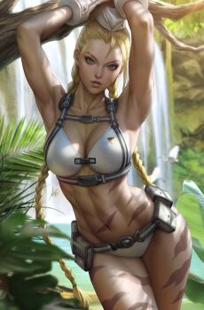 Rule 34 | 1girl, alternate color, alternate costume, arms up, artist request, belt, bikini, blonde hair, braid, breasts, cammy white, day, gloves, jungle, large breasts, leaf, nature, navel, pocket, scar, scar on face, street fighter, swimsuit, tree, udon entertainment, water, white bikini