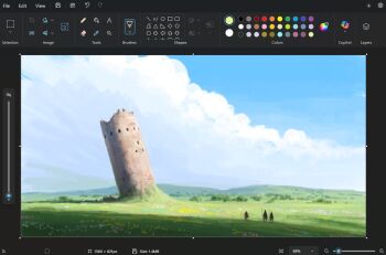 3others art_program_in_frame brick_wall christian_young cloud cloudy_sky commentary english_commentary facing_away flower from_behind full_body grass holding holding_staff landscape meadow microsoft_paint_(medium) microsoft_paint_(software) mountainous_horizon multiple_others no_humans original outdoors painterly plain ruins scenery screencap sky sky_focus staff standing tower window